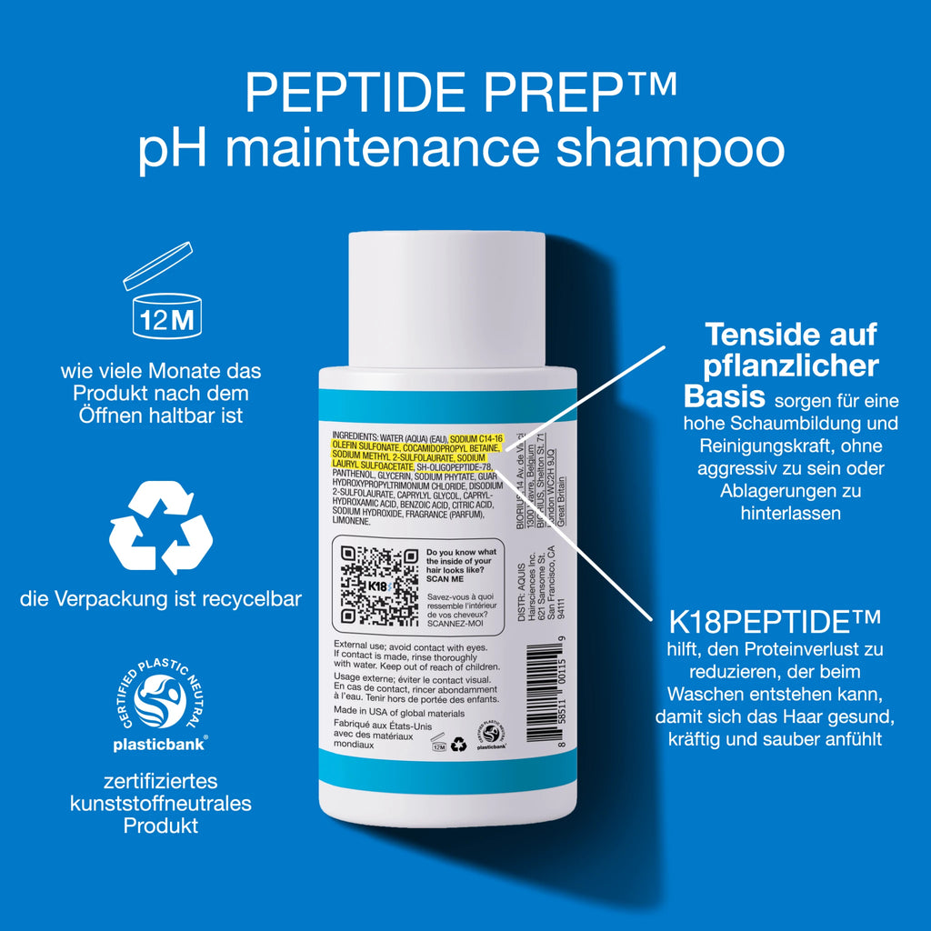 Inhaltsstoffe und Wirkung des K18 pH-Shampoos (bisheriges Etikett)