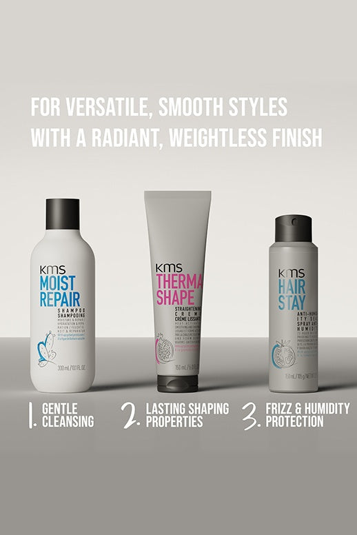 KMS Routine in drei Schritten: Moistrepair Shampoo, Thermashape Creme und Spray