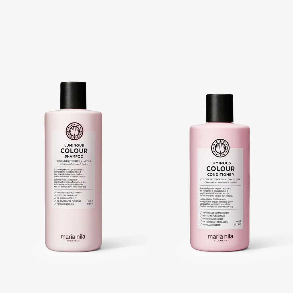 Maria Nila Luminous Colour Set: Shampoo 350 ml und Conditioner 300 ml nebeneinander