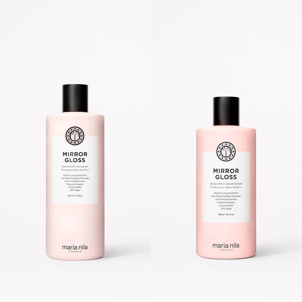 Maria Nila Mirror Gloss Set: Shampoo 350 ml und Conditioner 300 ml nebeneinander
