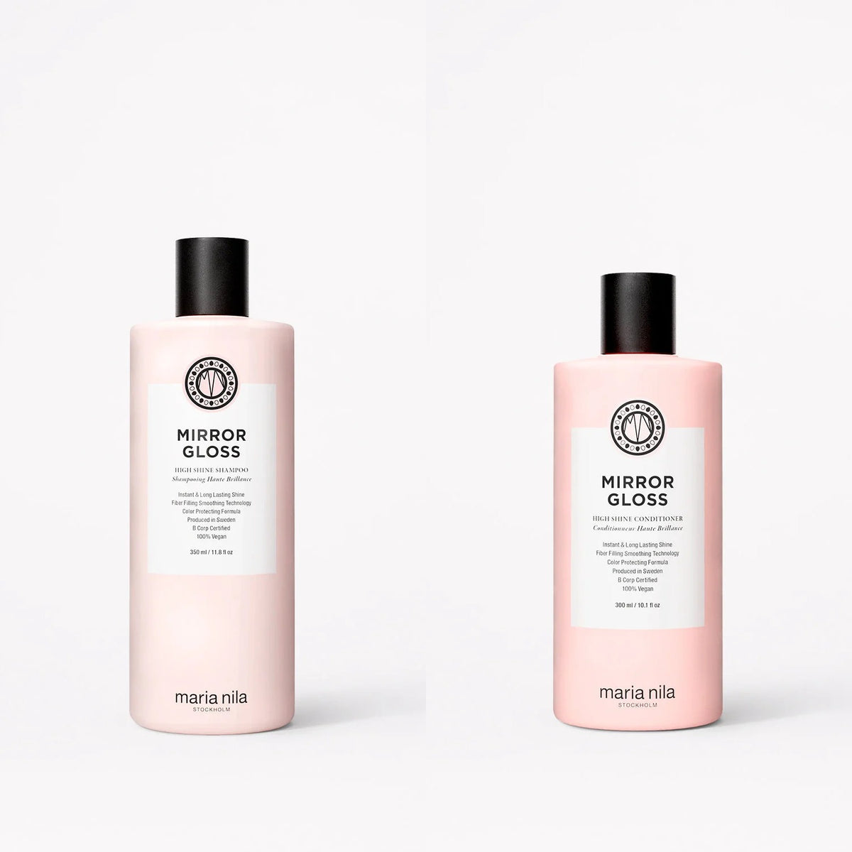 Maria Nila Mirror Gloss Set: Shampoo 350 ml und Conditioner 300 ml nebeneinander