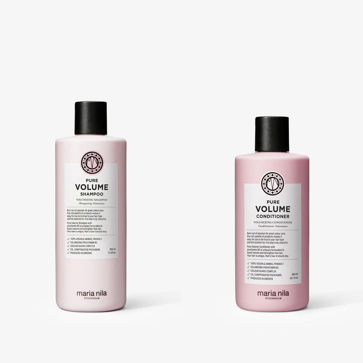 Maria Nila Pure Volume Set: Shampoo 350 ml und Conditioner 300 ml nebeneinander