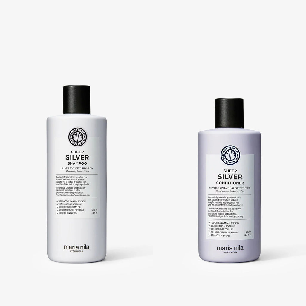 Maria Nila Sheer Silver Set: Shampoo 350 ml und Conditioner 300 ml nebeneinander