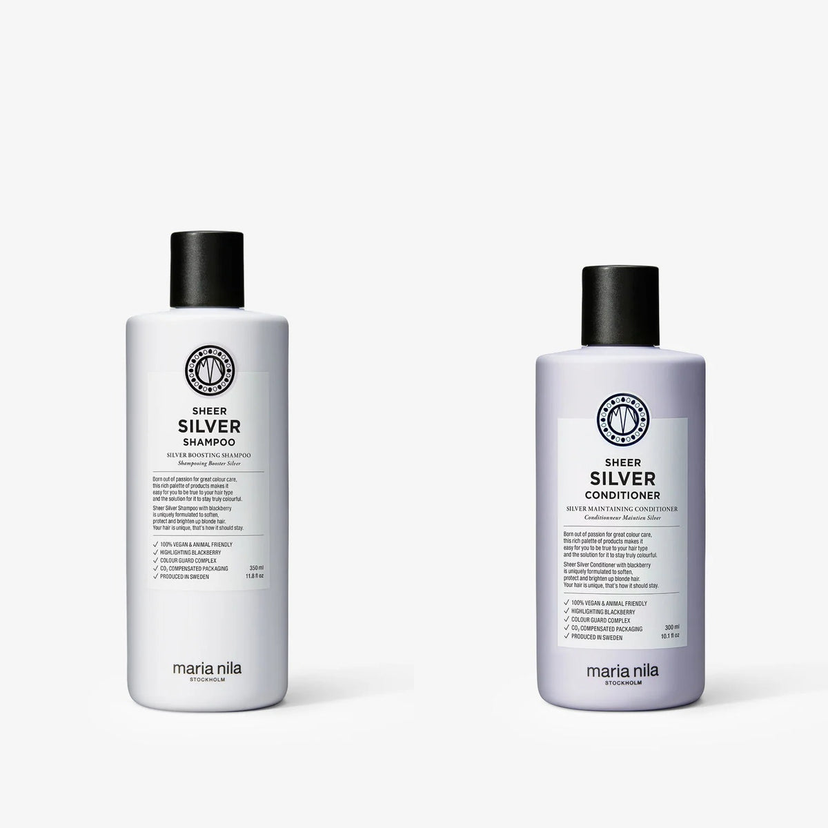Maria Nila Sheer Silver Set: Shampoo 350 ml und Conditioner 300 ml nebeneinander