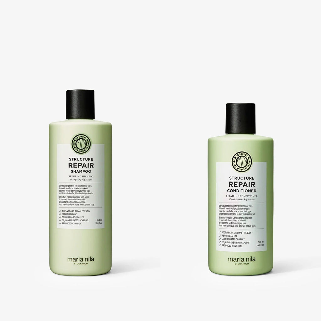 Maria Nila Structure Repair Set: Shampoo 350 ml und Conditioner 300 ml nebeneinander