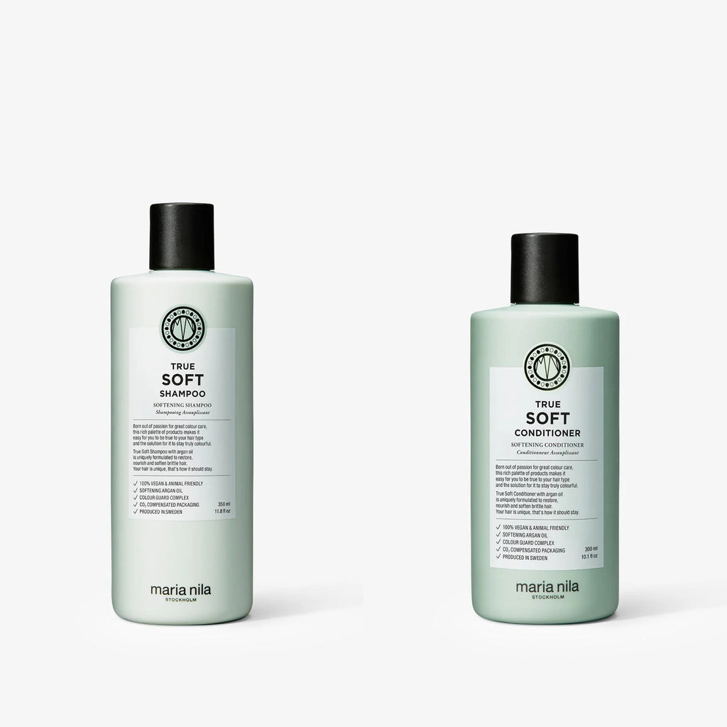 Maria Nila True Soft Set: Shampoo 350 ml und Conditioner 300 ml nebeneinander