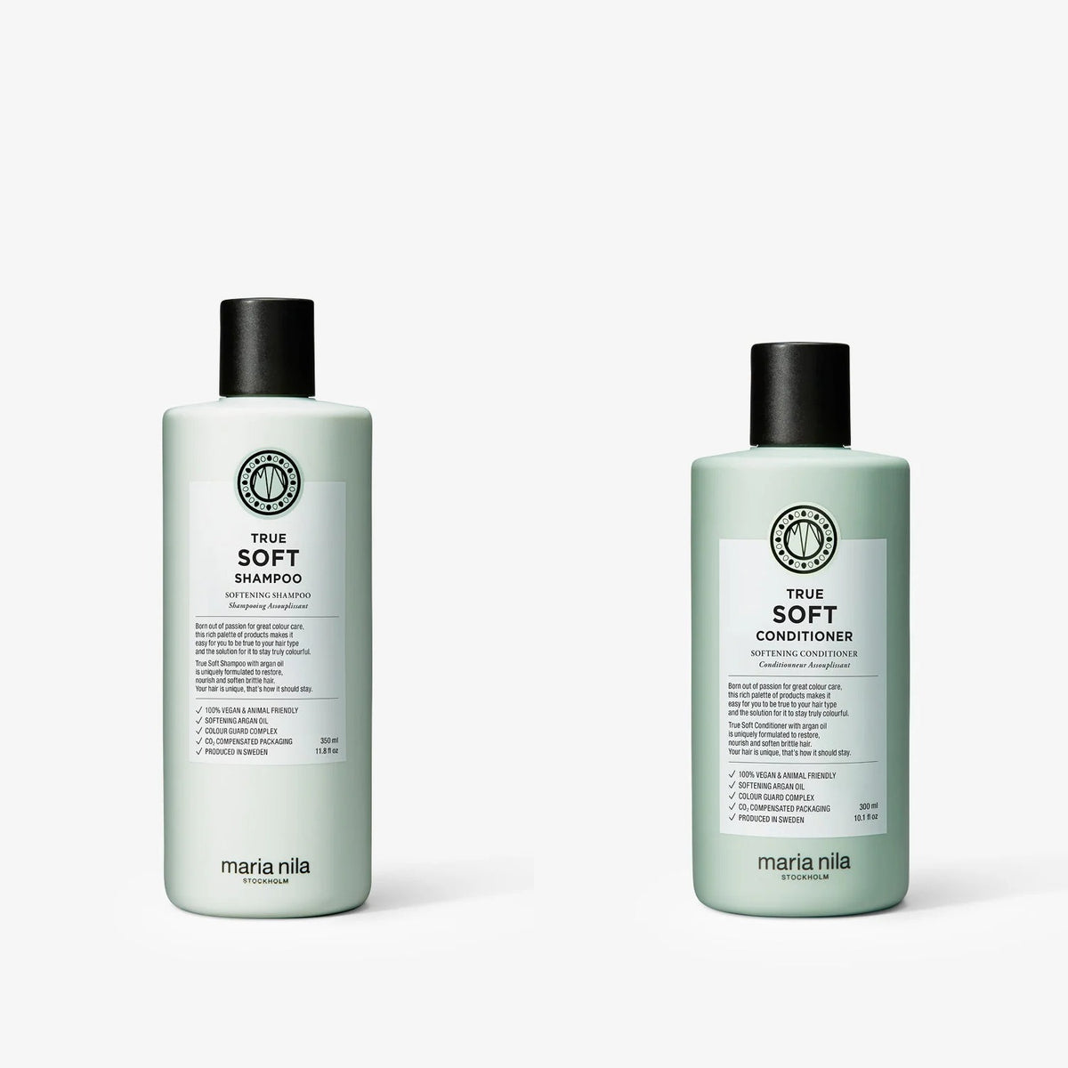 Maria Nila True Soft Set: Shampoo 350 ml und Conditioner 300 ml nebeneinander