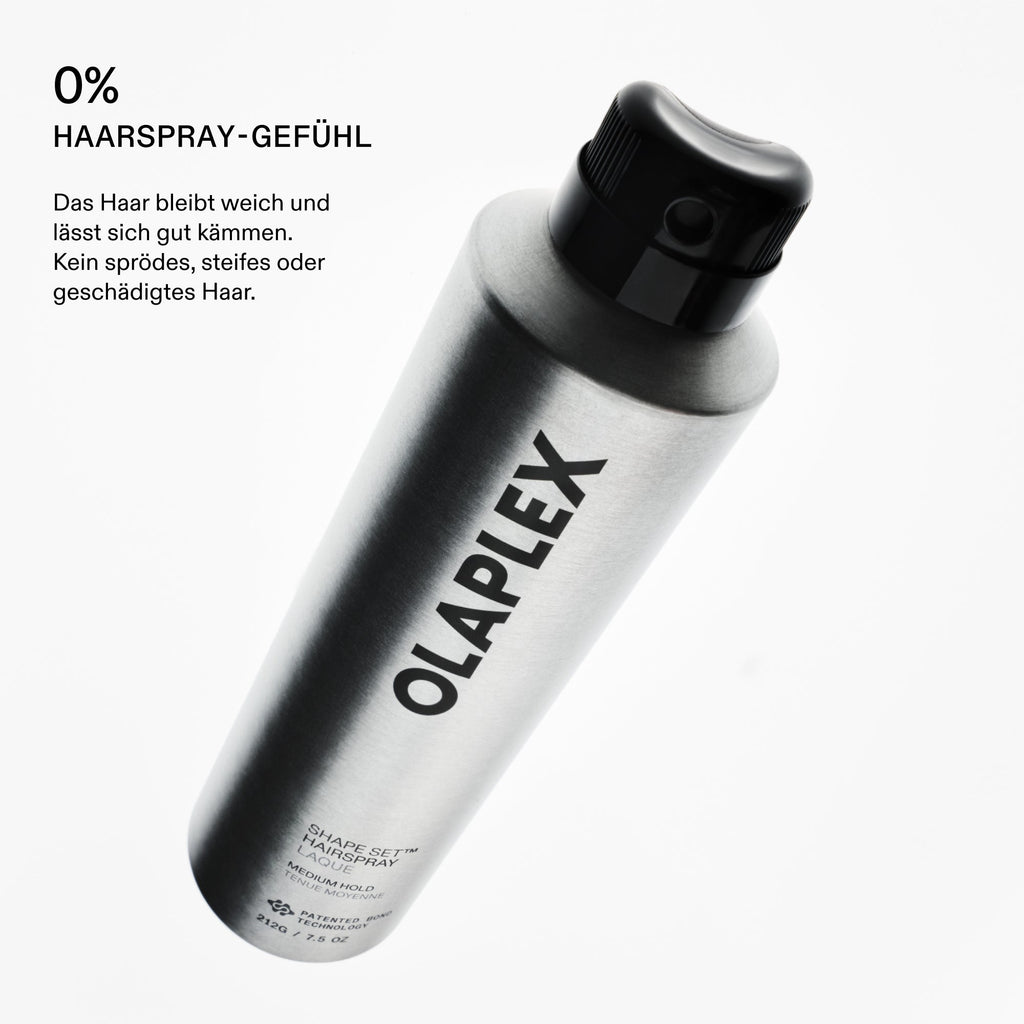 Olaplex Shape Set Hairspray – 0 % Haarspray-Gefühl: Haar bleibt weich und kämmbar (Herstellergrafik)