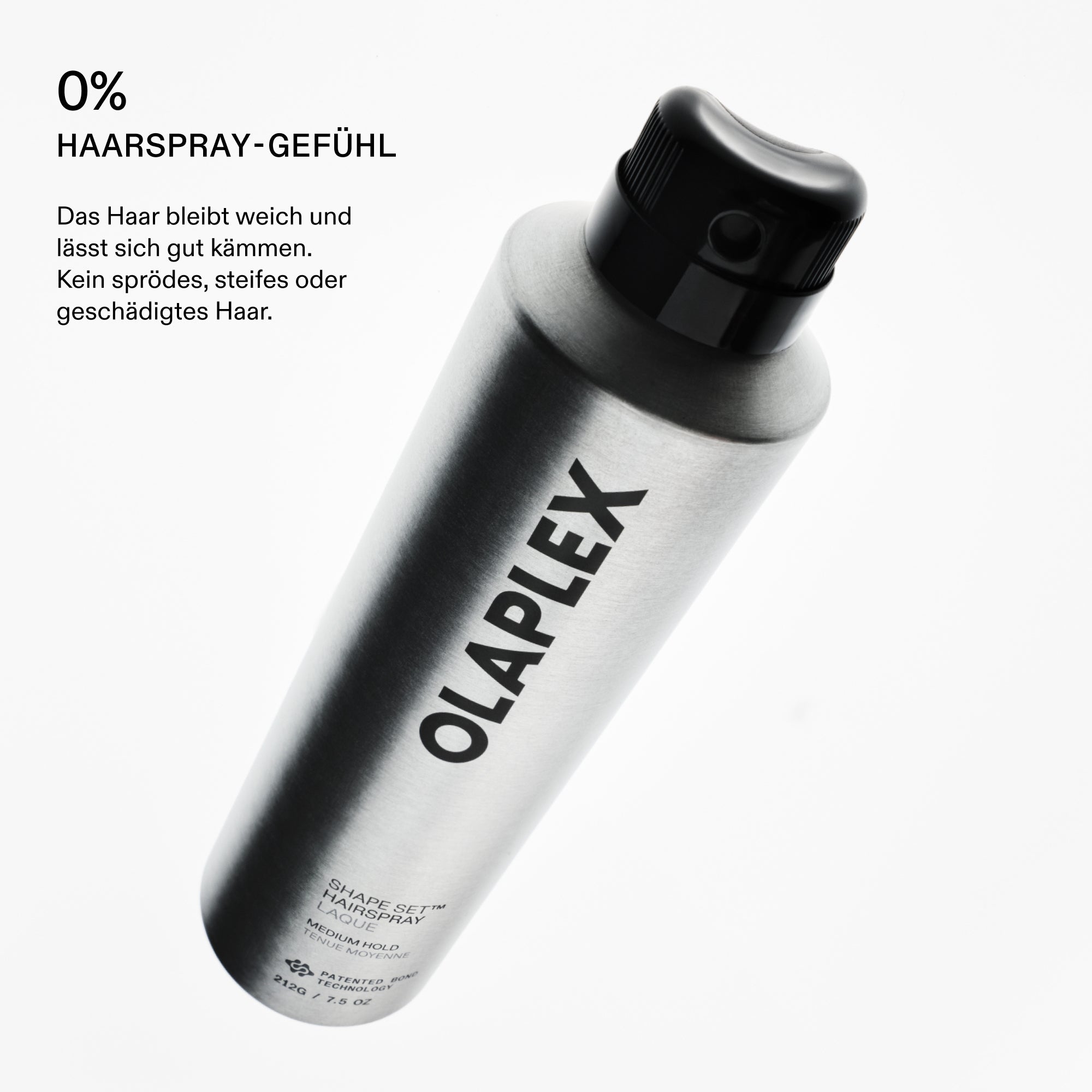 Olaplex Shape Set Hairspray – 0 % Haarspray-Gefühl: Haar bleibt weich und kämmbar (Herstellergrafik)