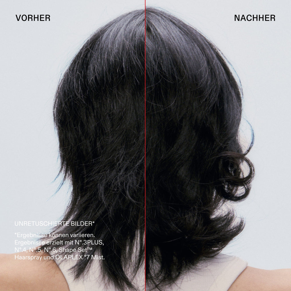 Olaplex Shape Set Hairspray – Vorher-Nachher-Bild, dunkles Haar, unretuschiert (Herstellerfoto)