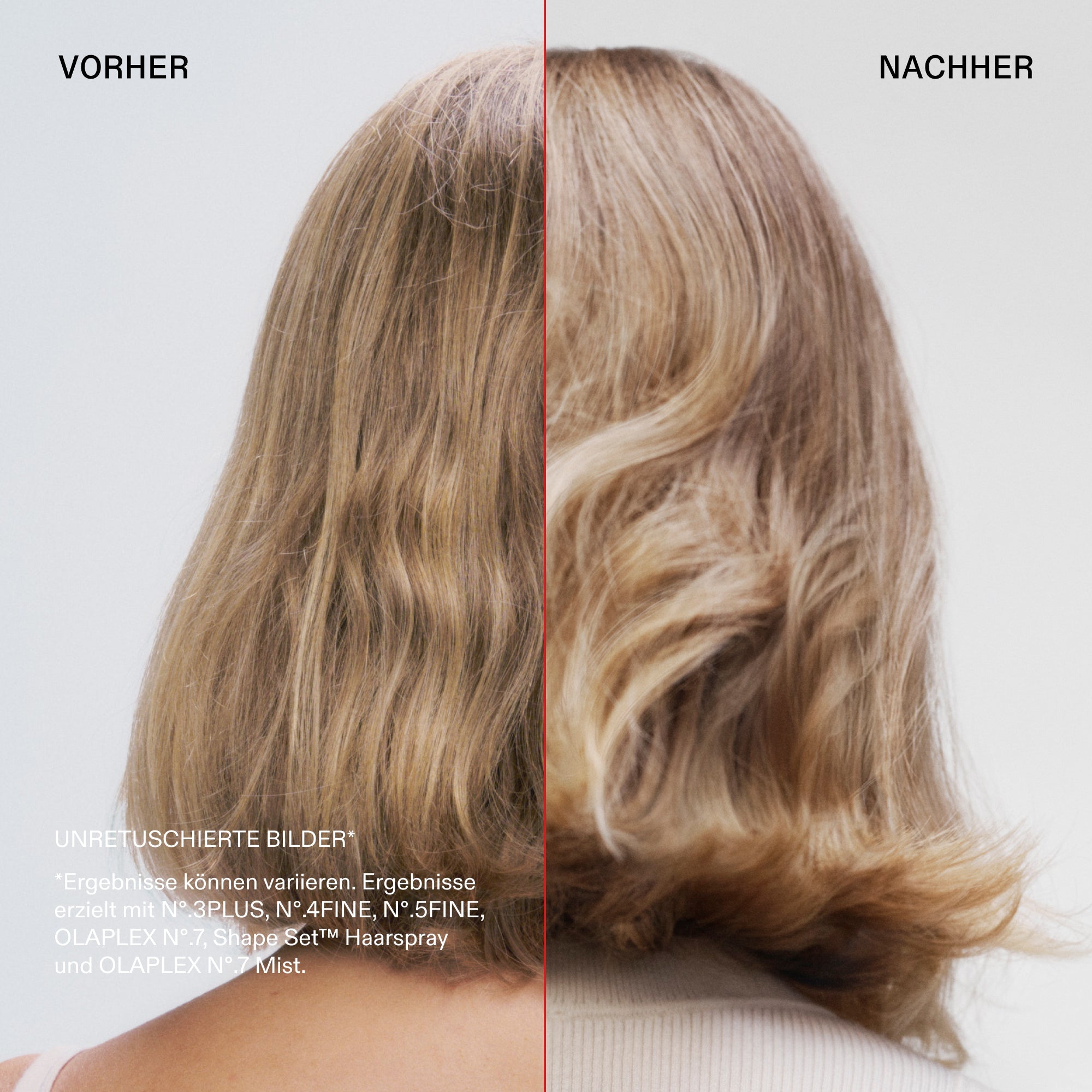 Olaplex Shape Set Hairspray – Vorher-Nachher-Bild, unretuschiert (Herstellerfoto)
