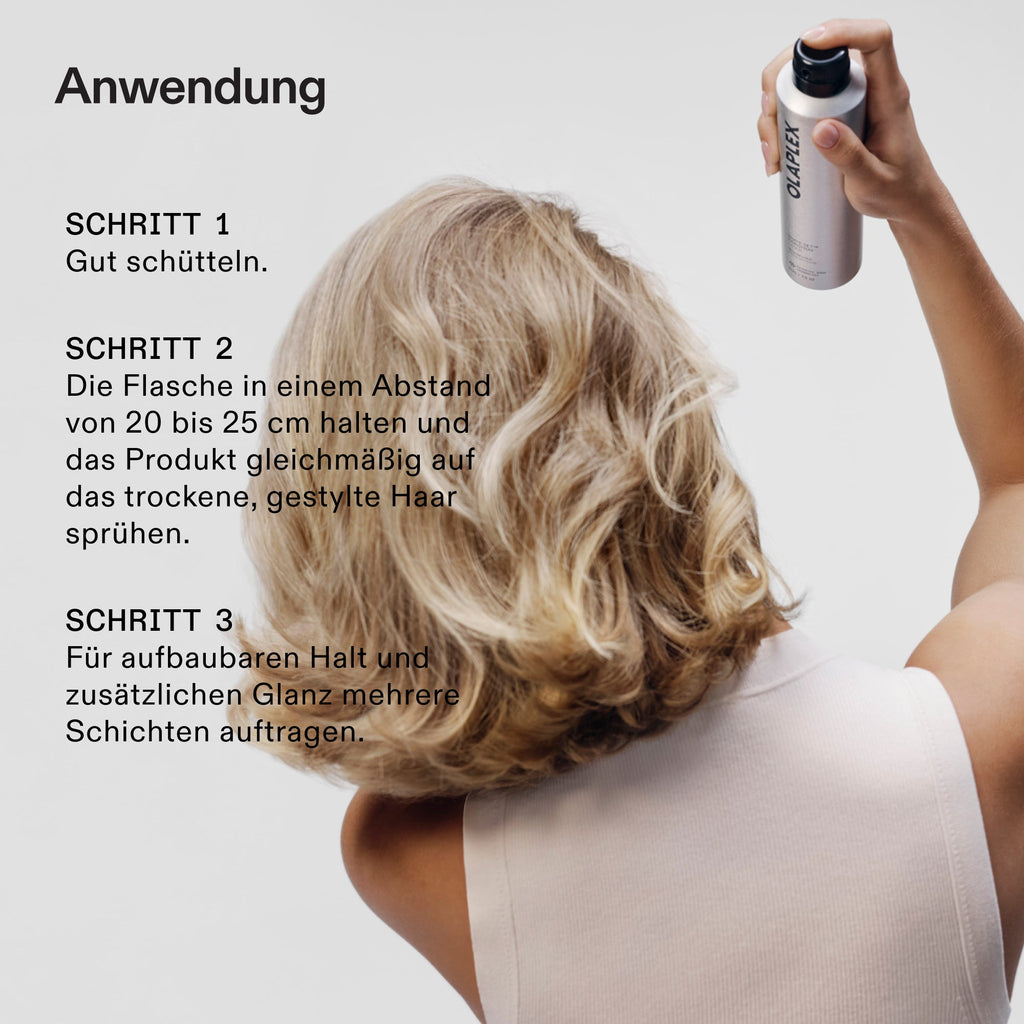 Olaplex Shape Set Hairspray – Anwendung in drei Schritten: schütteln, aus 20–25 cm auf trockenes Haar sprühen, in Schichten aufbauen