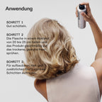 Olaplex Shape Set Hairspray – Anwendung in drei Schritten: schütteln, aus 20–25 cm auf trockenes Haar sprühen, in Schichten aufbauen