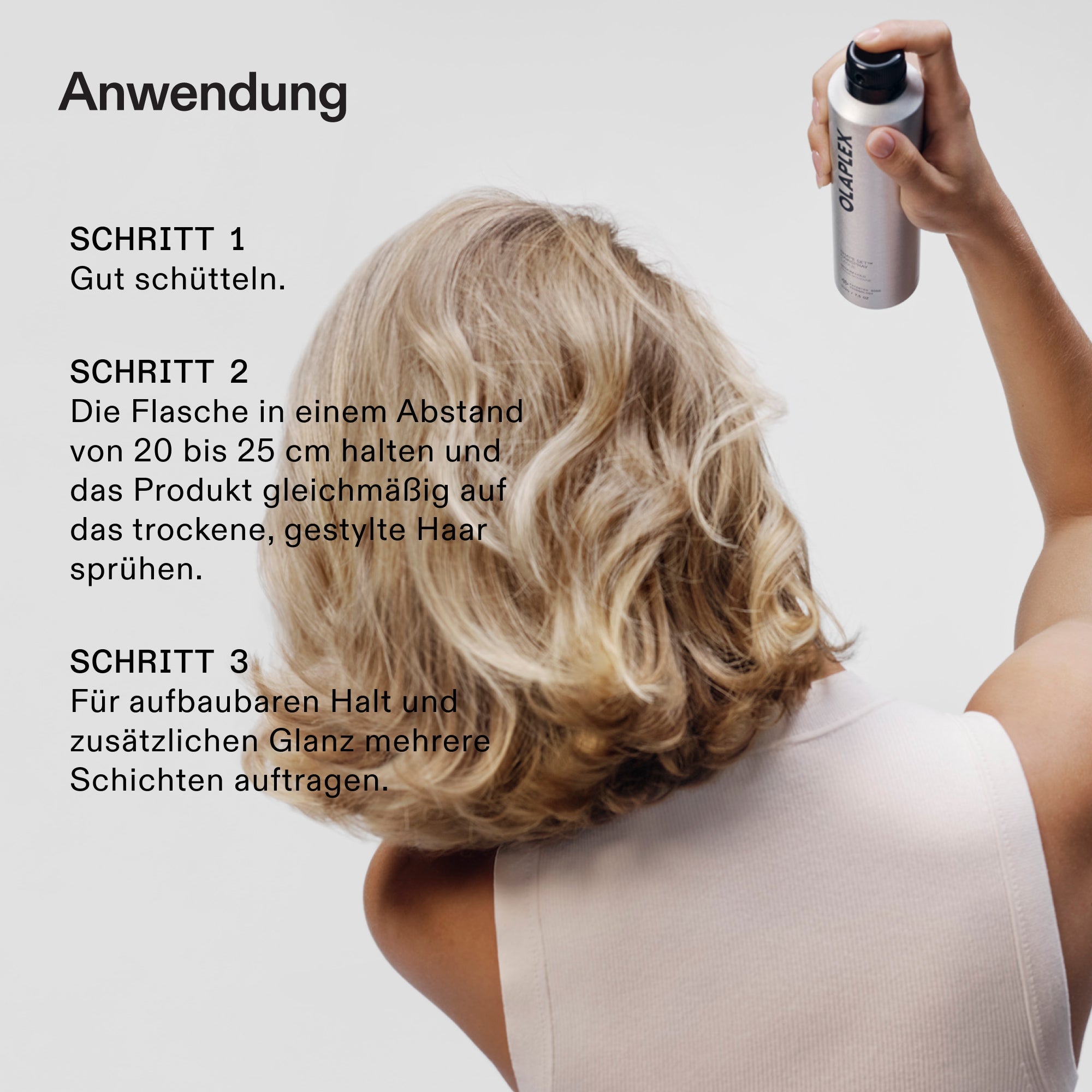 Olaplex Shape Set Hairspray – Anwendung in drei Schritten: schütteln, aus 20–25 cm auf trockenes Haar sprühen, in Schichten aufbauen
