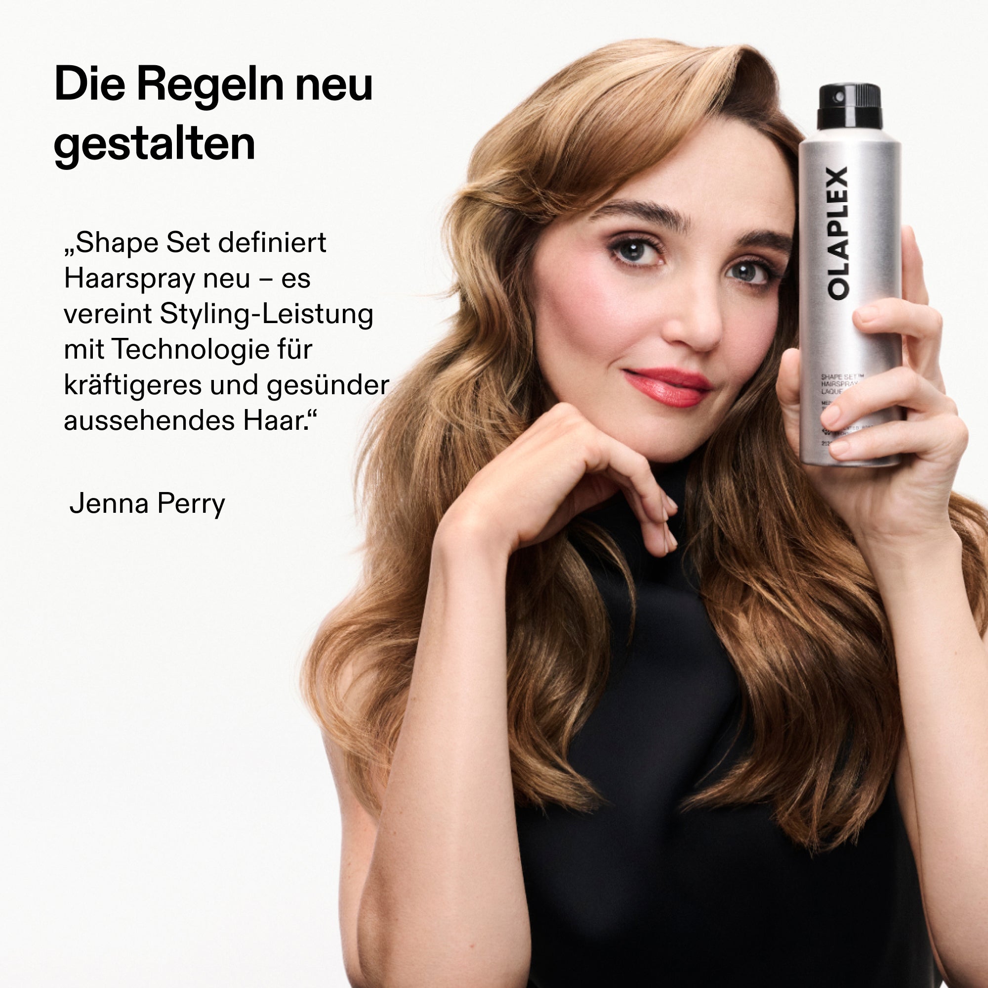 Olaplex Shape Set Hairspray – Statement von Hairstylistin Jenna Perry zum neuen Haarspray (Herstellergrafik)